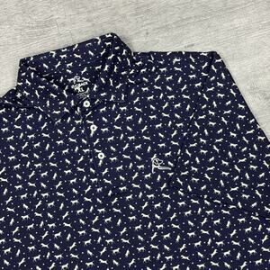 Rhoback Men's XL Performance Polo The Yellow Lab AOP Navy Blue Preppy Golf EUC